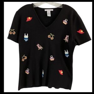 Vintage Y2K Embroidered Beach Motif Novelty Print Black Sweater Size Large●